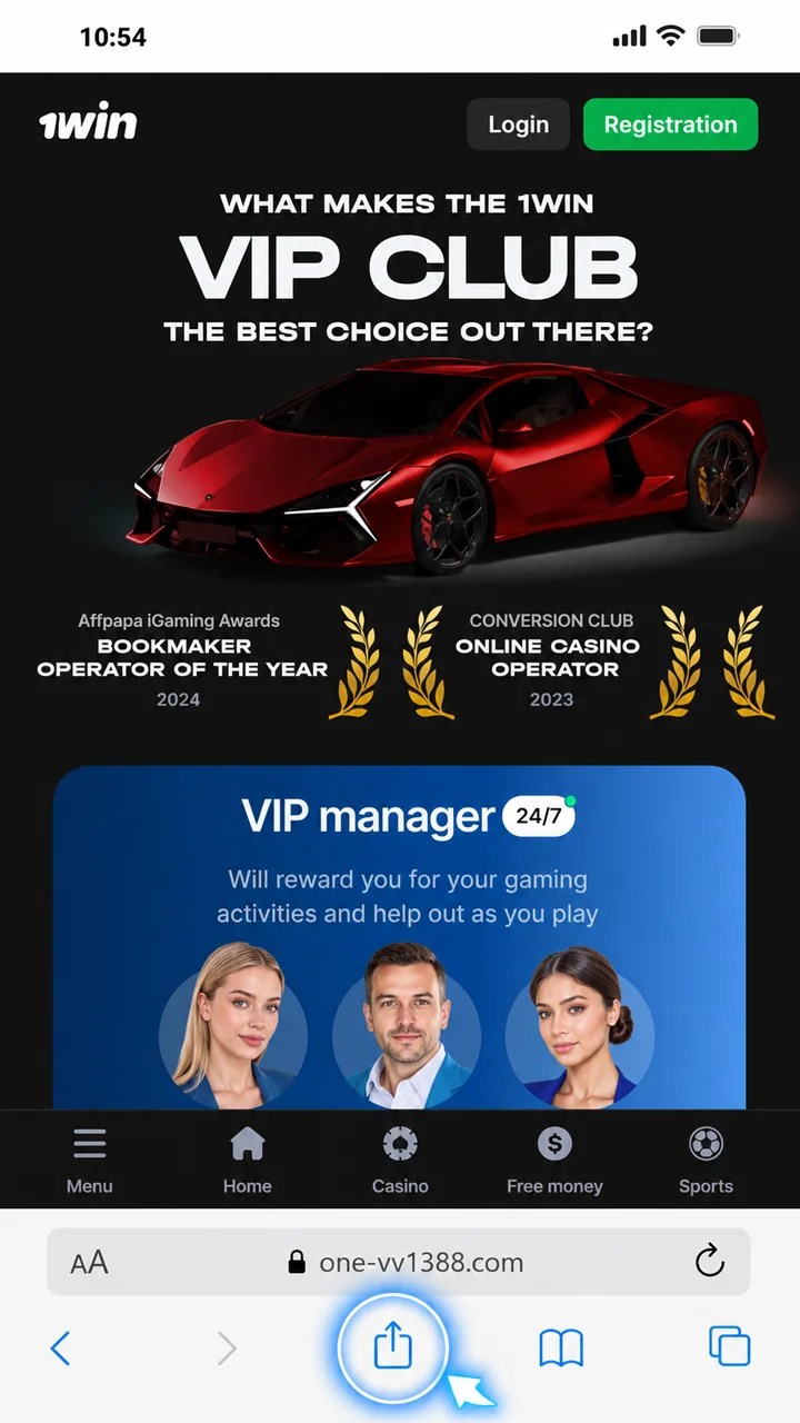 Click the “Share” button on our official 1win website.