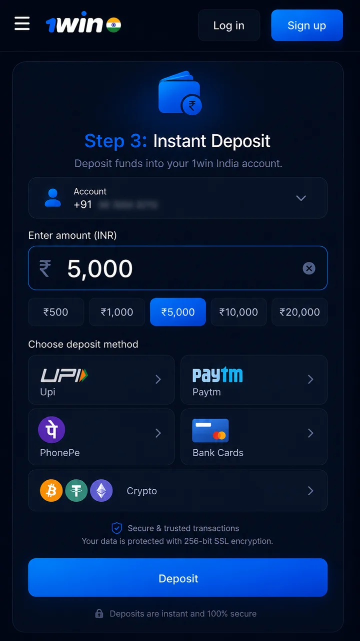 Deposit funds into your 1win India account.