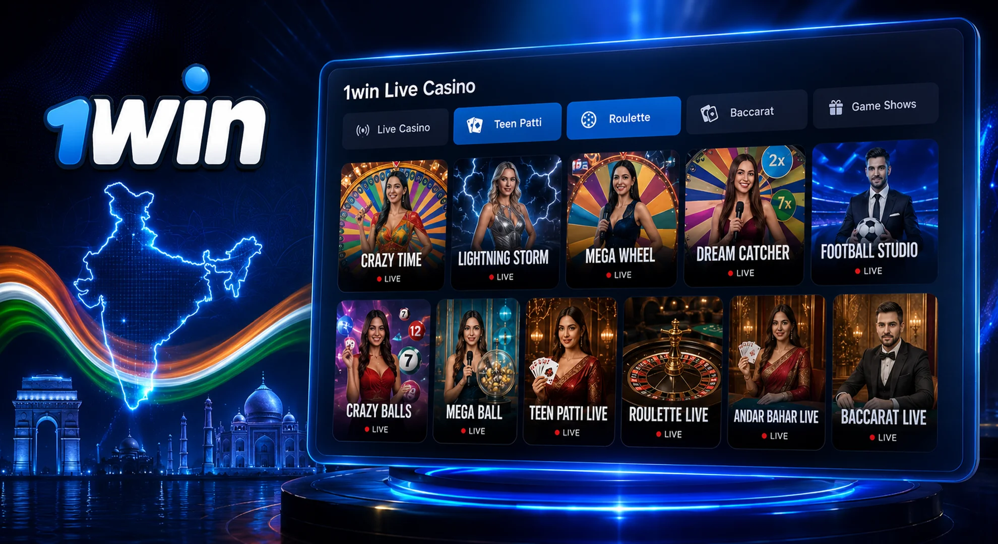 Live Casino tables featuring Teen Patti and Roulette in HD quality on 1win games.